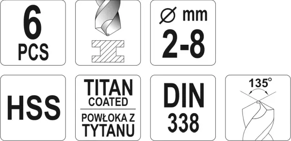 YATO ZESTAW WIERTEŁ DO MET.HSS-TiN 6SZT 2-8MM 