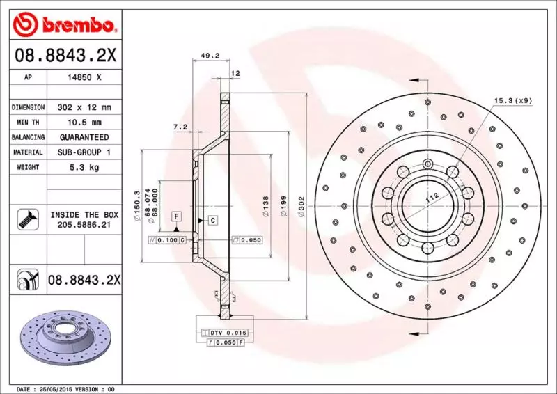 BREMBO TARCZE HAMULCOWE TYŁ 08.8843.2X