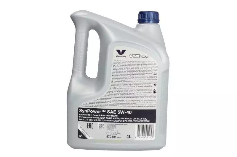 VALVOLINE SYNPOWER 5W-40 VW502.0/505 4L + ZAWIESZKA 