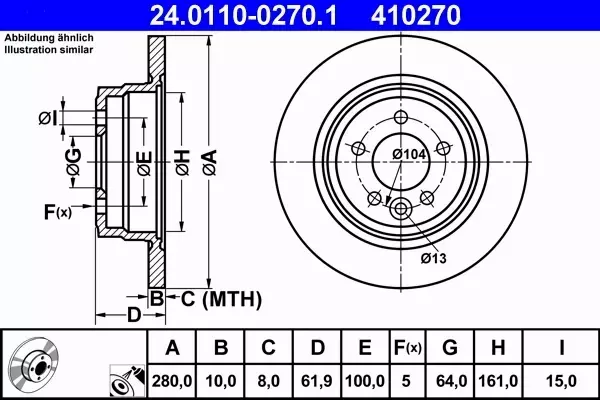 ATE TARCZE HAMULCOWE TYŁ ROVER 75 MG ZT 280MM 