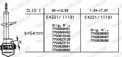 MONROE AMORTYZATORY RENAULT CLIO I 90-98 54mm PRZÓD 