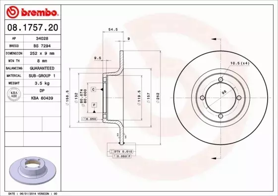 BREMBO Tarcza hamulcowa 08.1757.20 