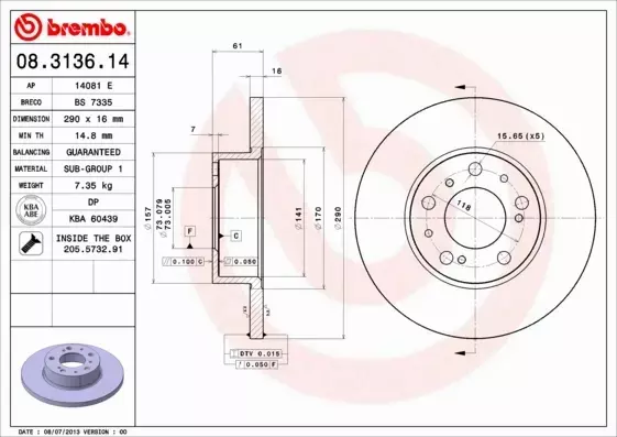 BREMBO TARCZE HAMULCOWE PRZÓD 08.3136.14 