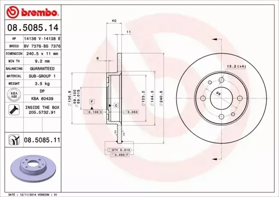 BREMBO TARCZE+KLOCKI TYŁ FIAT 500 240MM 2015- 