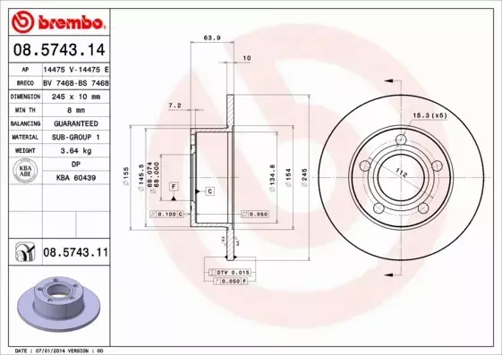 BREMBO TARCZE HAMULCOWE TYŁ 08.5743.14 