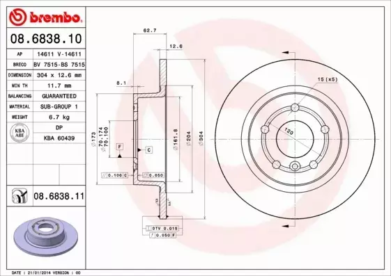 BREMBO TARCZE HAMULCOWE TYŁ 08.6838.11 