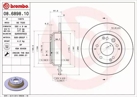 BREMBO TARCZE HAMULCOWE TYŁ 08.6898.10 