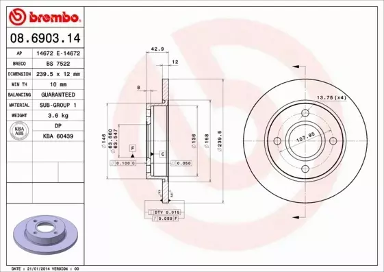 BREMBO TARCZE PRZÓD FORD KA FIESTA IV 239,5MM KRK 