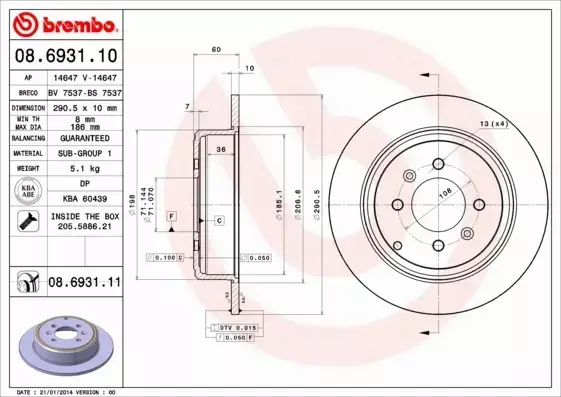  BREMBO TARCZE+KLOCKI TYŁ PEUGEOT 406 290MM 