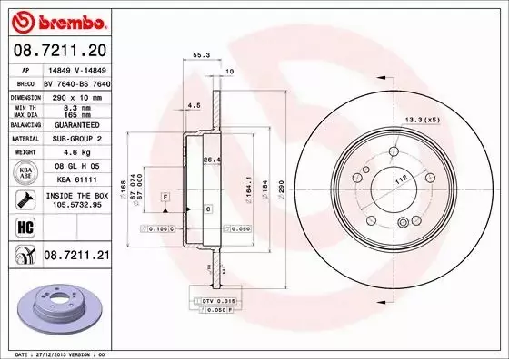 BREMBO TARCZE HAMULCOWE TYŁ 08.7211.21 