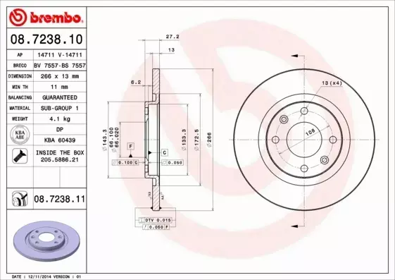 BREMBO TARCZE+KLOCKI PRZÓD PEUGEOT 301 266MM 