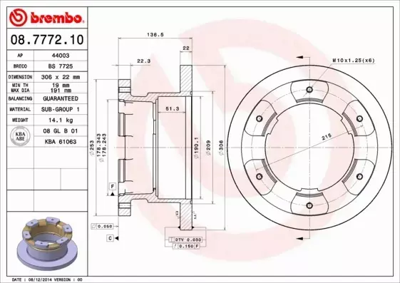 BREMBO TARCZE HAMULCOWE TYŁ 08.7772.10 