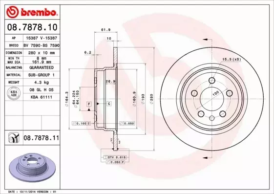 BREMBO TARCZE HAMULCOWE TYŁ 08.7878.11 