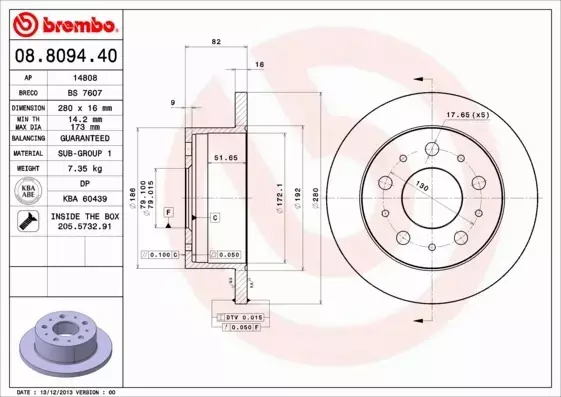 BREMBO TARCZE HAMULCOWE TYŁ 08.8094.40 