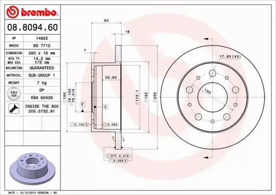 BREMBO TARCZE HAMULCOWE TYŁ 08.8094.60 