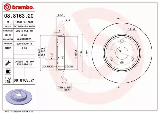 BREMBO TARCZE+KLOCKI PRZÓD SMART FORTWO 451 280MM 