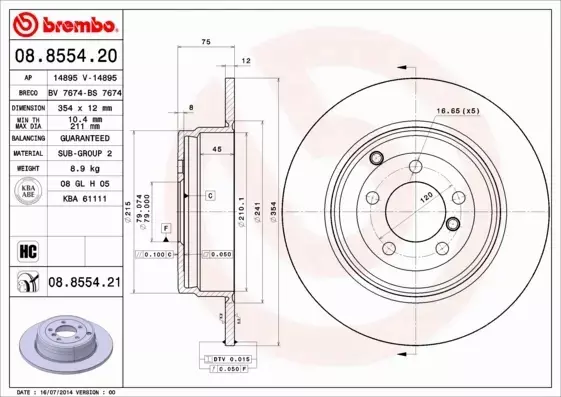 BREMBO TARCZE HAMULCOWE TYŁ 08.8554.21 