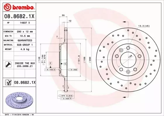 BREMBO TARCZE HAMULCOWE TYŁ 08.8682.1X 