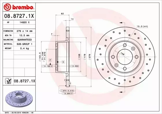 BREMBO TARCZE HAMULCOWE TYŁ 08.8727.1X 