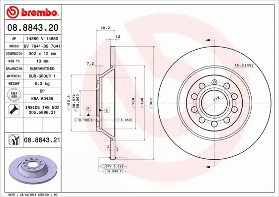 BREMBO TARCZE HAMULCOWE TYŁ 08.8843.21 