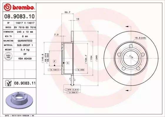 BREMBO TARCZE HAMULCOWE TYŁ 08.9083.11 