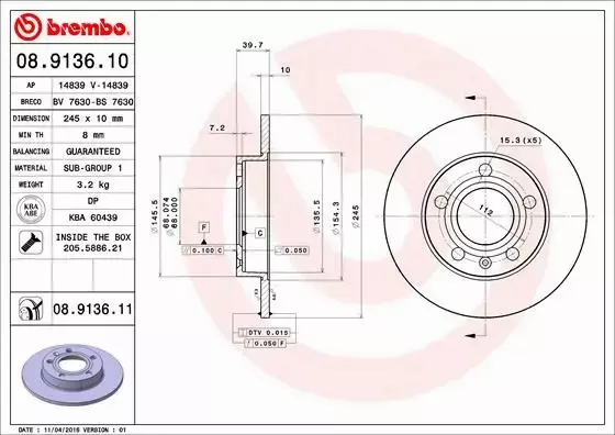 BREMBO TARCZE HAMULCOWE TYŁ 08.9136.11 