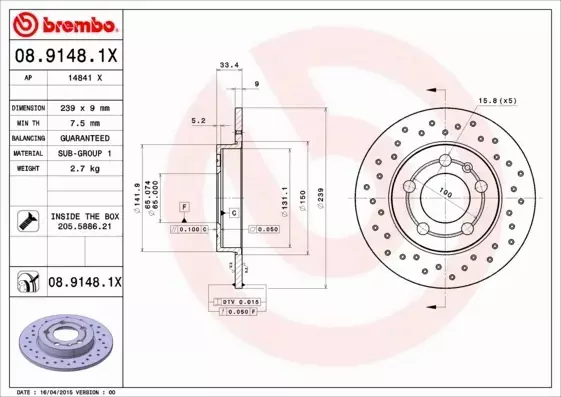 BREMBO TARCZE HAMULCOWE TYŁ 08.9148.1X 