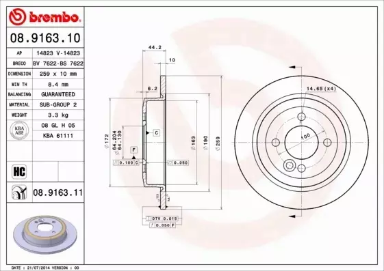 BREMBO TARCZE HAMULCOWE TYŁ 08.9163.11 