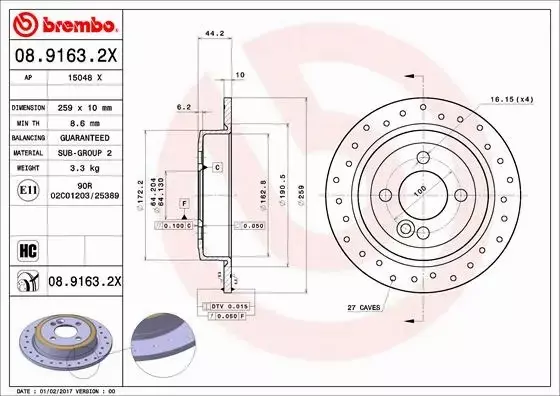 BREMBO TARCZE HAMULCOWE TYŁ 08.9163.2X 