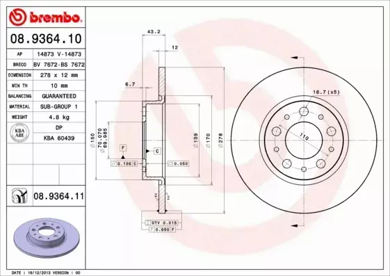 BREMBO TARCZE HAMULCOWE TYŁ 08.9364.11 