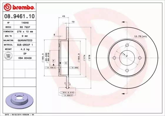 BREMBO TARCZE HAMULCOWE TYŁ 08.9461.10 