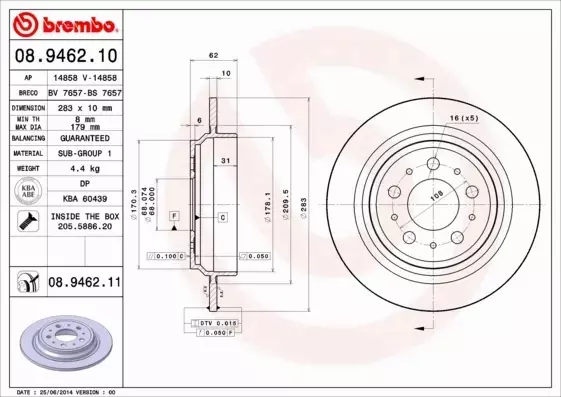 BREMBO TARCZE+KLOCKI TYŁ VOLVO S70 V70 I 283MM 