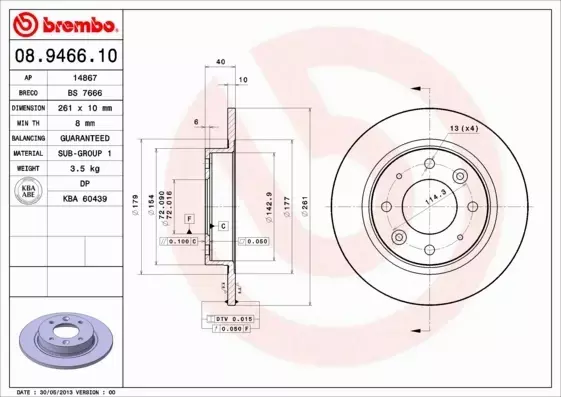 BREMBO TARCZE+KLOCKI TYŁ KIA CARENS II 261MM 