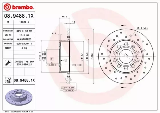 BREMBO TARCZE HAMULCOWE TYŁ 08.9488.1X 