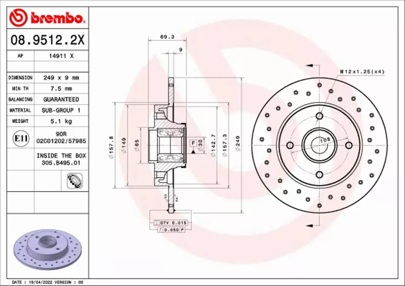 BREMBO TARCZA HAMULCOWA 08.9512.2X 