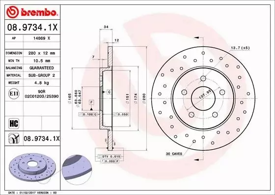 BREMBO TARCZE HAMULCOWE TYŁ 08.9734.1X 