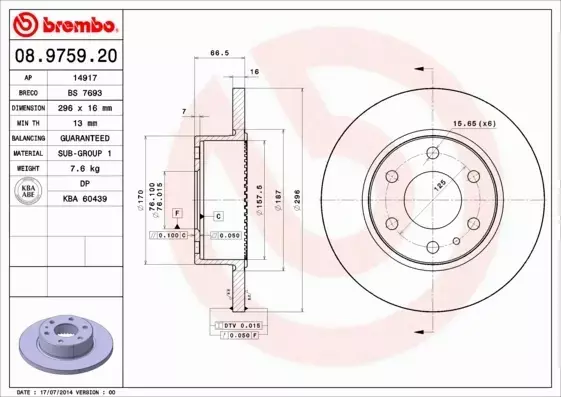 BREMBO TARCZE HAMULCOWE TYŁ 08.9759.20 