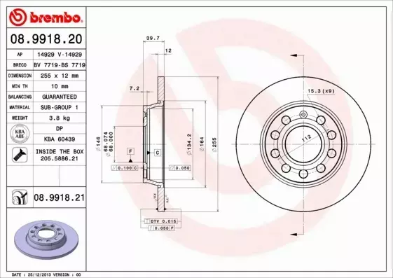 BREMBO TARCZE HAMULCOWE TYŁ 08.9918.20 