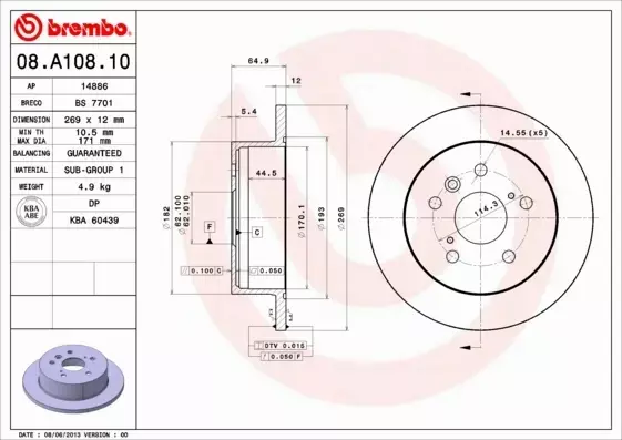 BREMBO TARCZE HAMULCOWE TYŁ 08.A108.10 