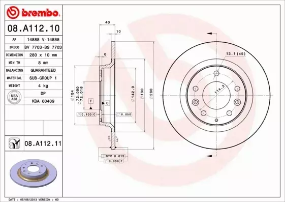 BREMBO TARCZE HAMULCOWE TYŁ 08.A112.10 