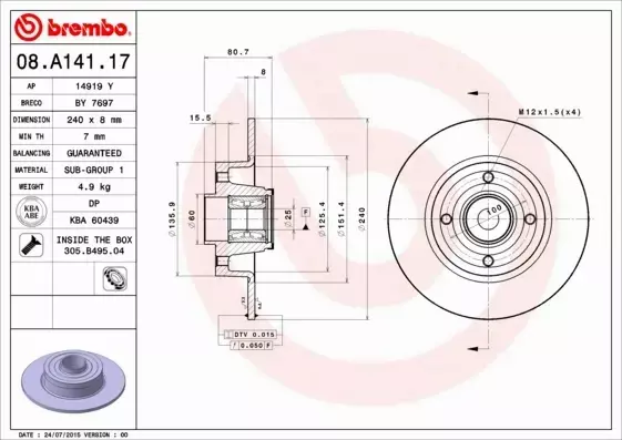 BREMBO Tarcza hamulcowa 08.A141.17 