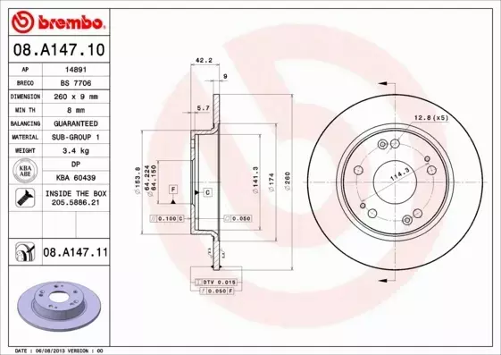 BREMBO TARCZE HAMULCOWE TYŁ 08.A147.10 