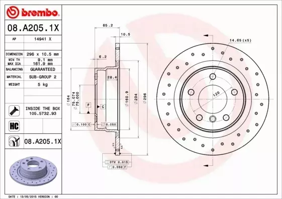 BREMBO TARCZE HAMULCOWE TYŁ 08.A205.1X 