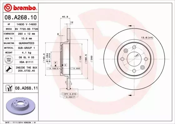 BREMBO TARCZE+KLOCKI PRZÓD SMART FORTWO 453 260MM 