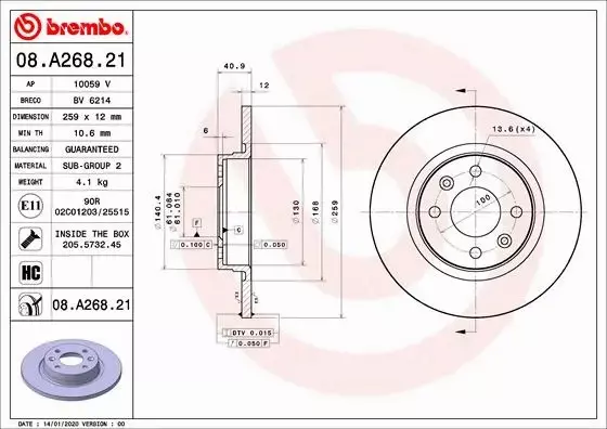 BREMBO TARCZE+KLOCKI P RENAULT TWINGO III 259MM 