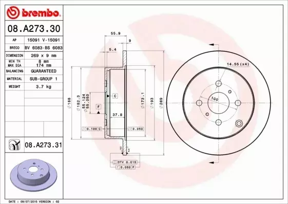 BREMBO TARCZE HAMULCOWE TYŁ 08.A273.31 