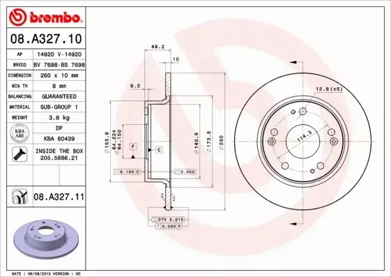 BREMBO TARCZE TYŁ HONDA ACCORD VIII 260MM PEŁNE 