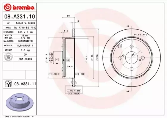 BREMBO TARCZE HAMULCOWE TYŁ 08.A331.11 