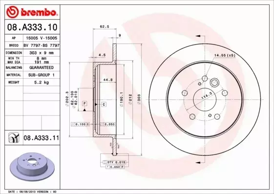 BREMBO TARCZE+KLOCKI TYŁ TOYOTA RAV4 II 303MM 