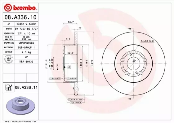 BREMBO TARCZE HAM TYŁ TOYOTA AVENSIS T22 271MM 